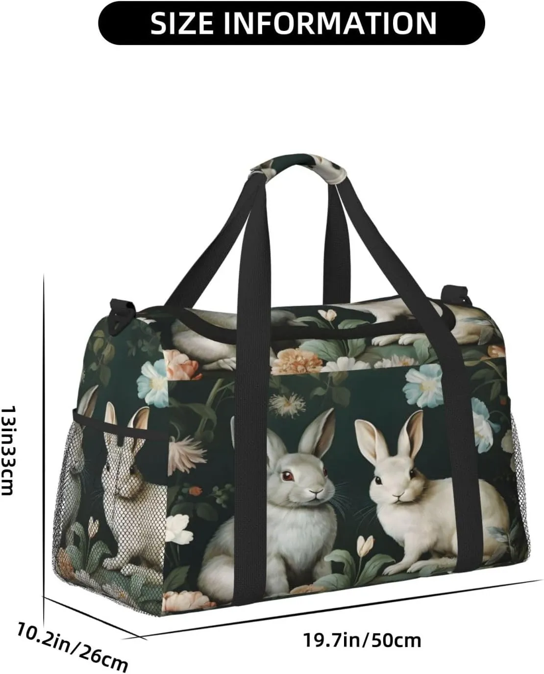 Travel Duffel Bag For Men Women, Floral Rabbit Animal Carry On Sport Gym Bag With Shoulder Strap Lightweight Waterproof Weekender Bag Overnight Bag