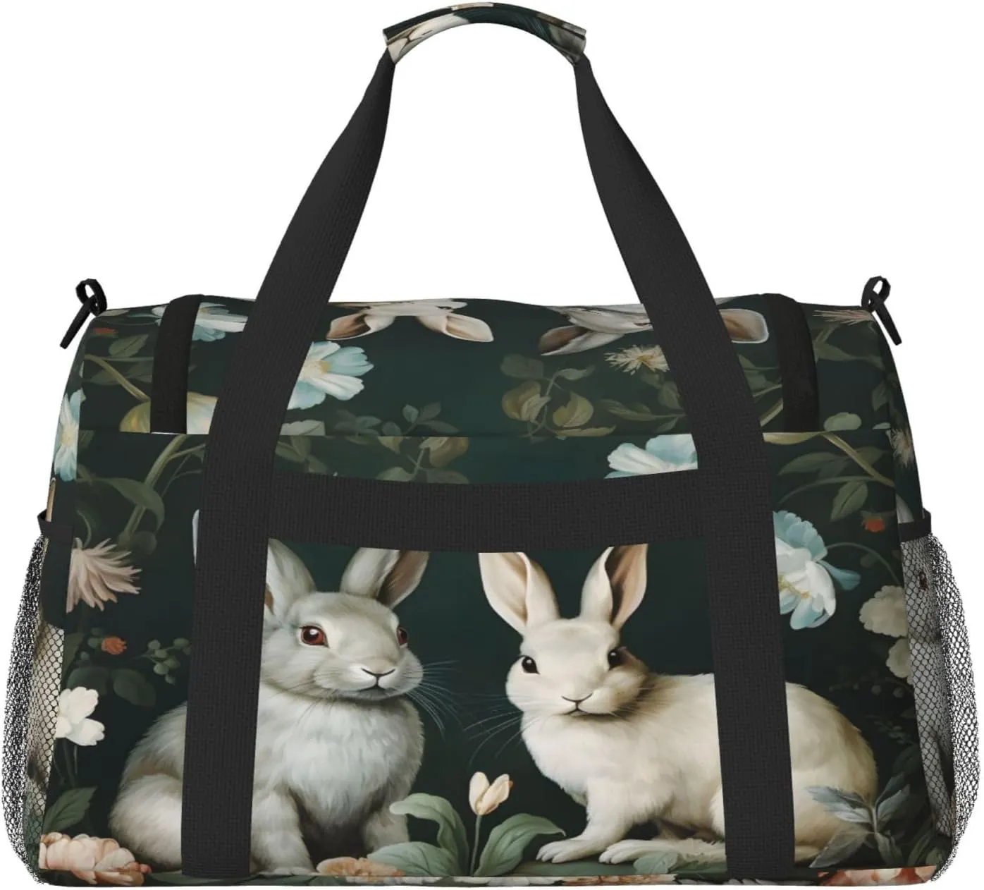Travel Duffel Bag For Men Women, Floral Rabbit Animal Carry On Sport Gym Bag With Shoulder Strap Lightweight Waterproof Weekender Bag Overnight Bag