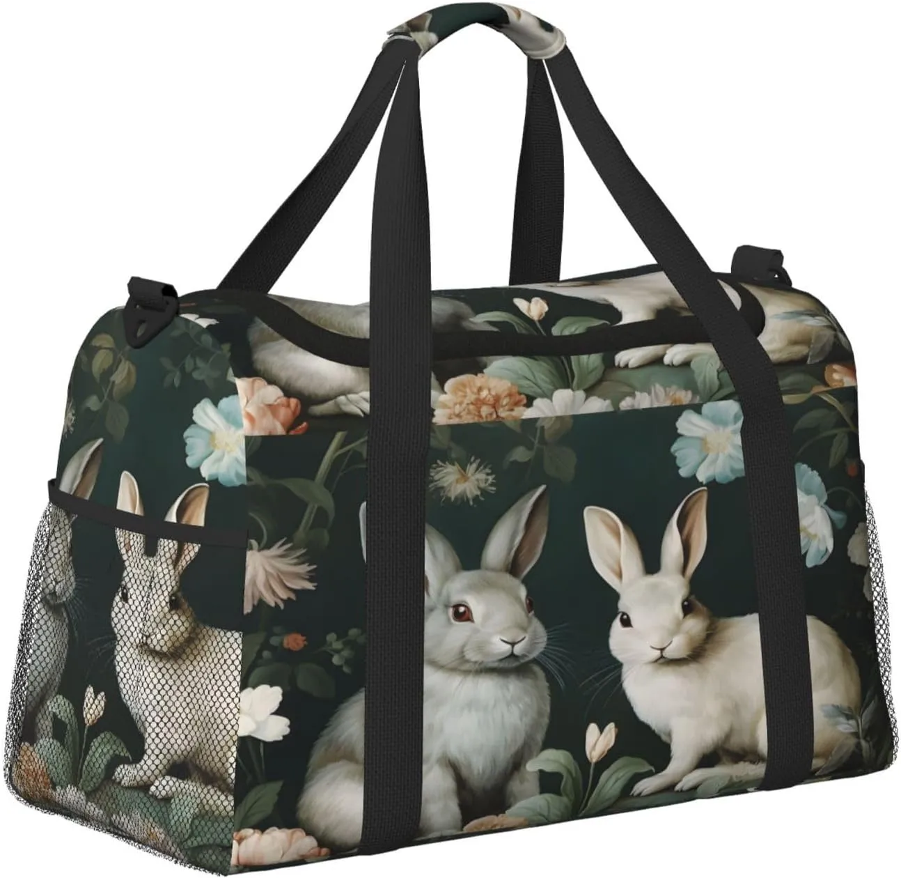 Travel Duffel Bag For Men Women, Floral Rabbit Animal Carry On Sport Gym Bag With Shoulder Strap Lightweight Waterproof Weekender Bag Overnight Bag