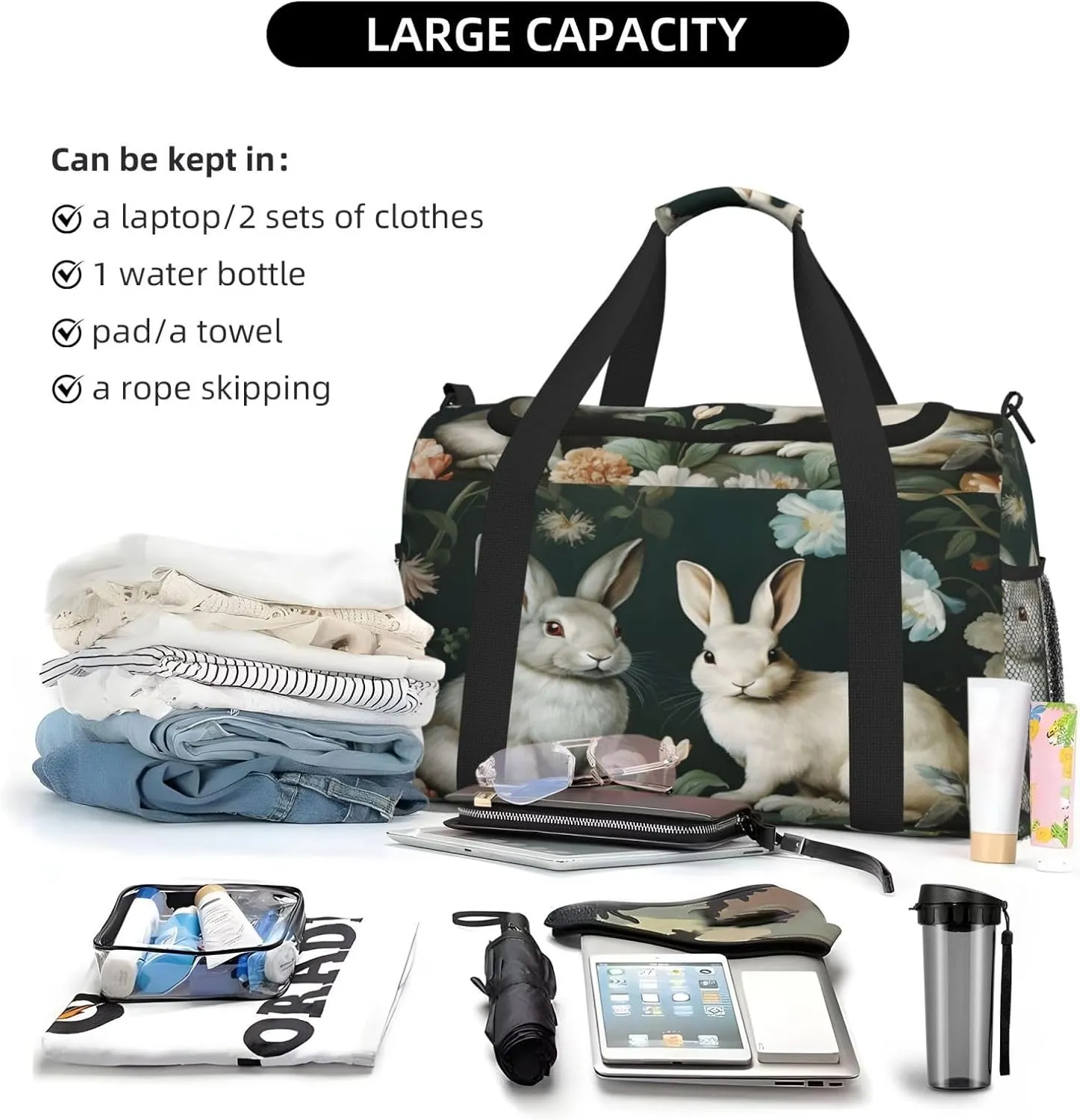 Travel Duffel Bag For Men Women, Floral Rabbit Animal Carry On Sport Gym Bag With Shoulder Strap Lightweight Waterproof Weekender Bag Overnight Bag