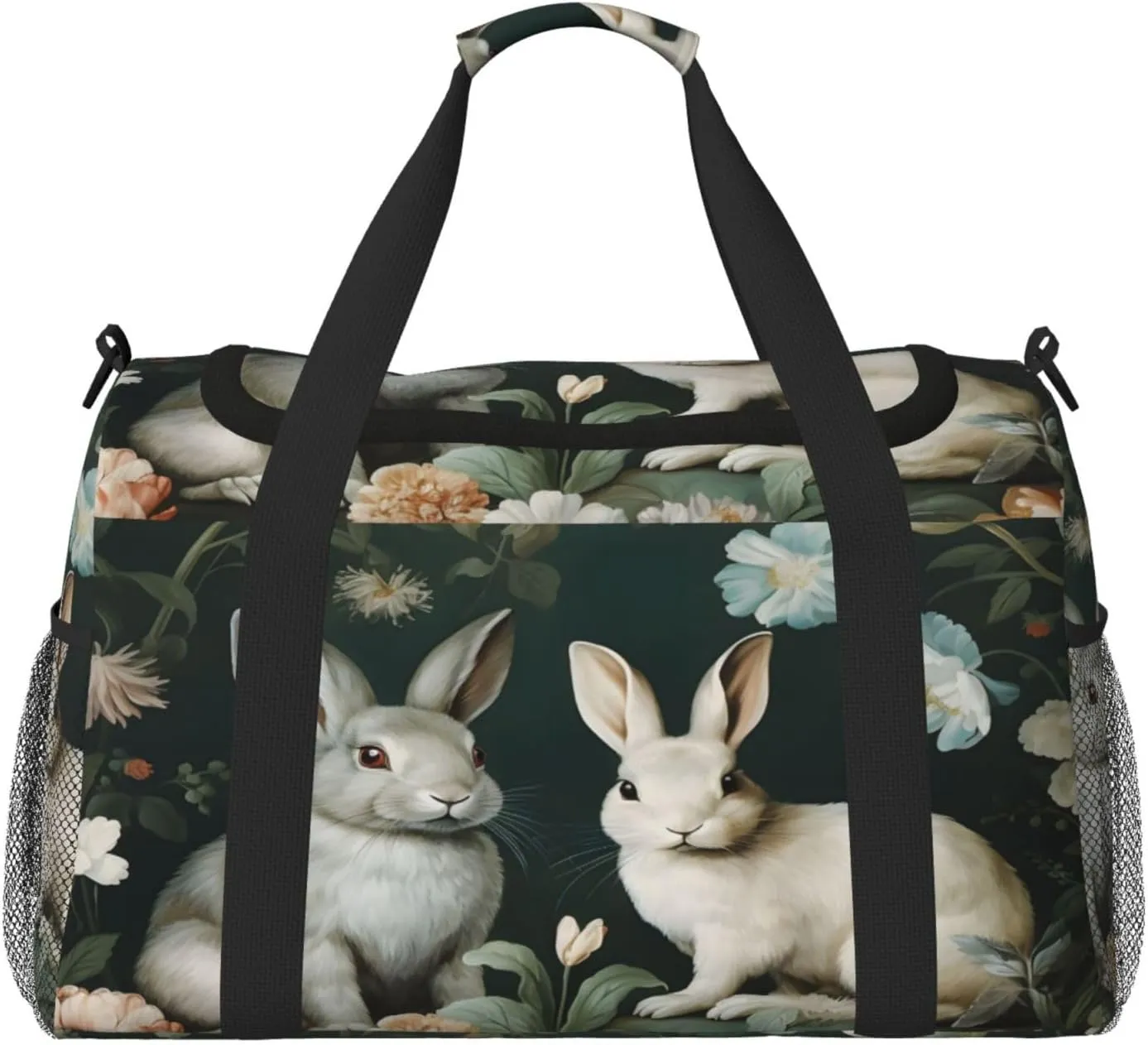 Travel Duffel Bag For Men Women, Floral Rabbit Animal Carry On Sport Gym Bag With Shoulder Strap Lightweight Waterproof Weekender Bag Overnight Bag