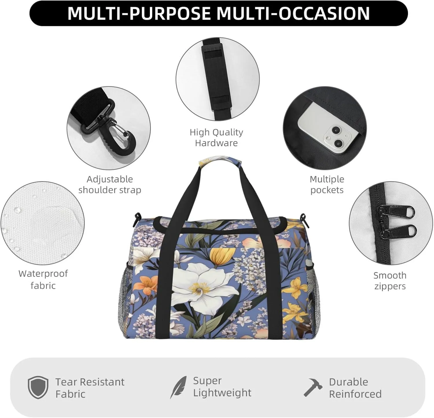 Travel Duffel Bag For Men Women, Spring Floral Lily Pattern Carry On Sport Gym Bag With Shoulder Strap Lightweight Waterproof Weekender Bag Overnight Bag