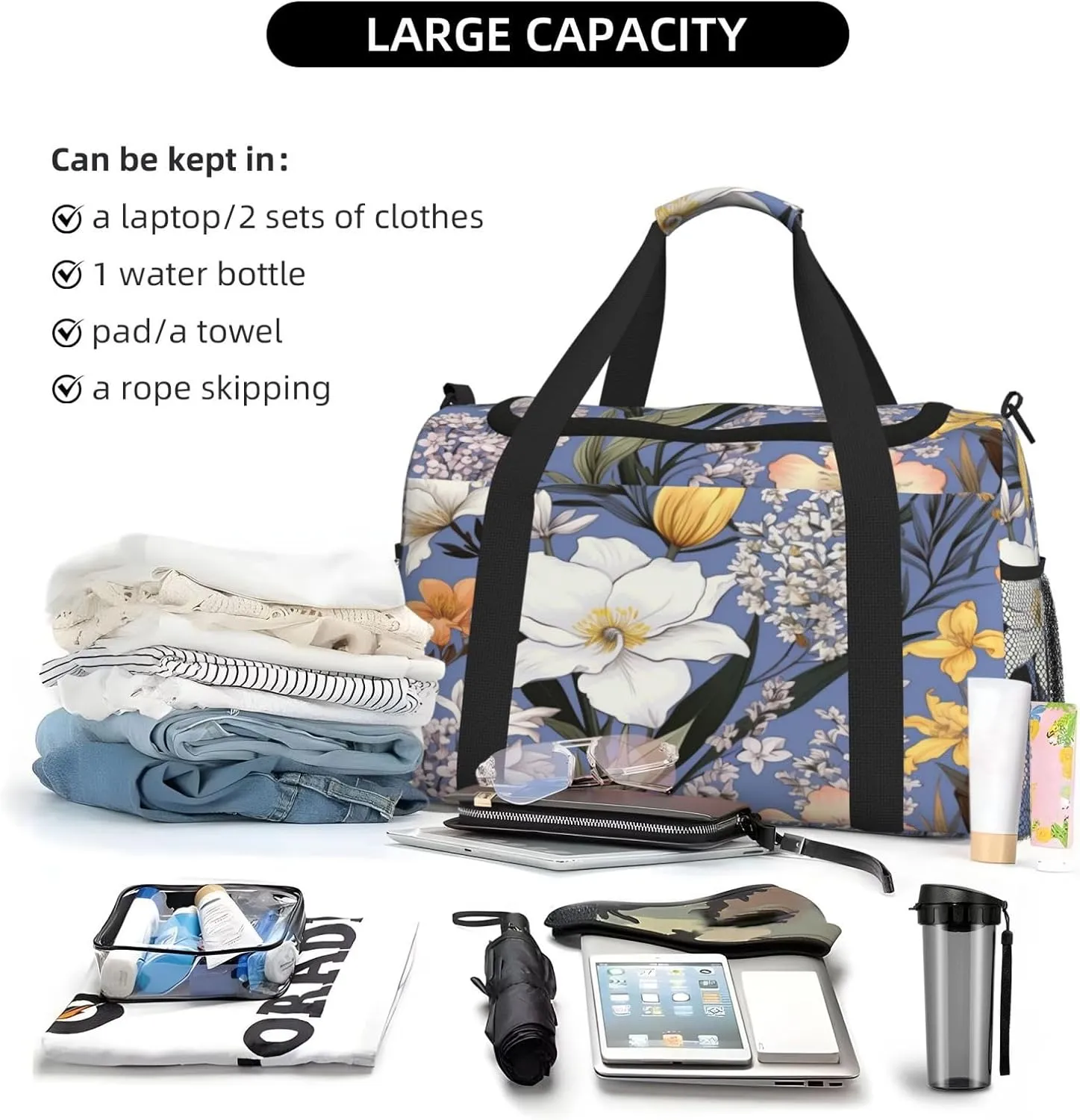 Travel Duffel Bag For Men Women, Spring Floral Lily Pattern Carry On Sport Gym Bag With Shoulder Strap Lightweight Waterproof Weekender Bag Overnight Bag