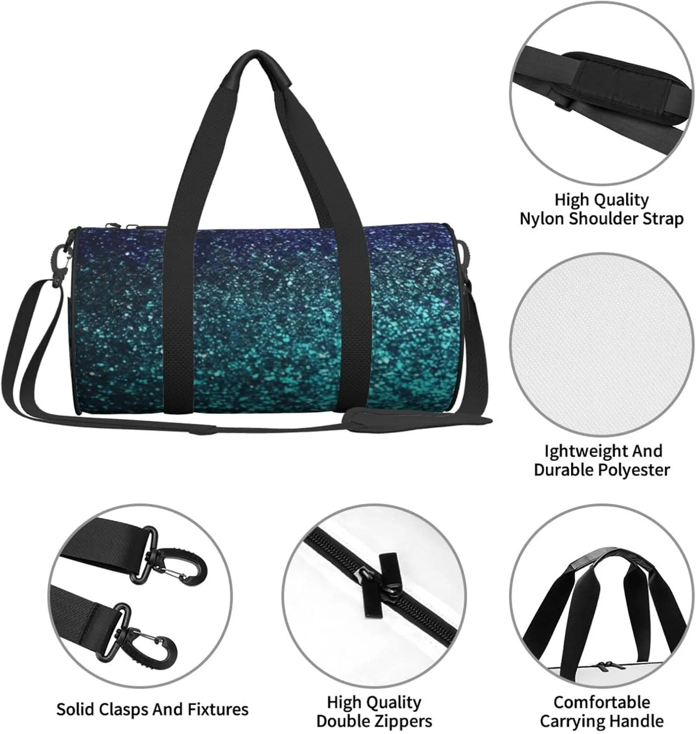 Travel Duffel Bag Teal Glitter Weekender Overnight Bag For Men Women Large Capacity Sports Gym Bag Canvas Carry On Tote Bags For Travel Yoga