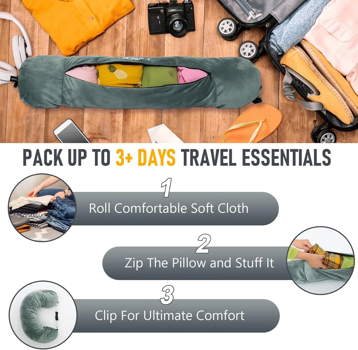 Travel Neck Pillow Stuffable with Clothes, Stuffable Neck Pillow for Travel, Packable Fillable Storage Bag for Airplane Travel, Soft Velvet Neck Pillow Case Cover