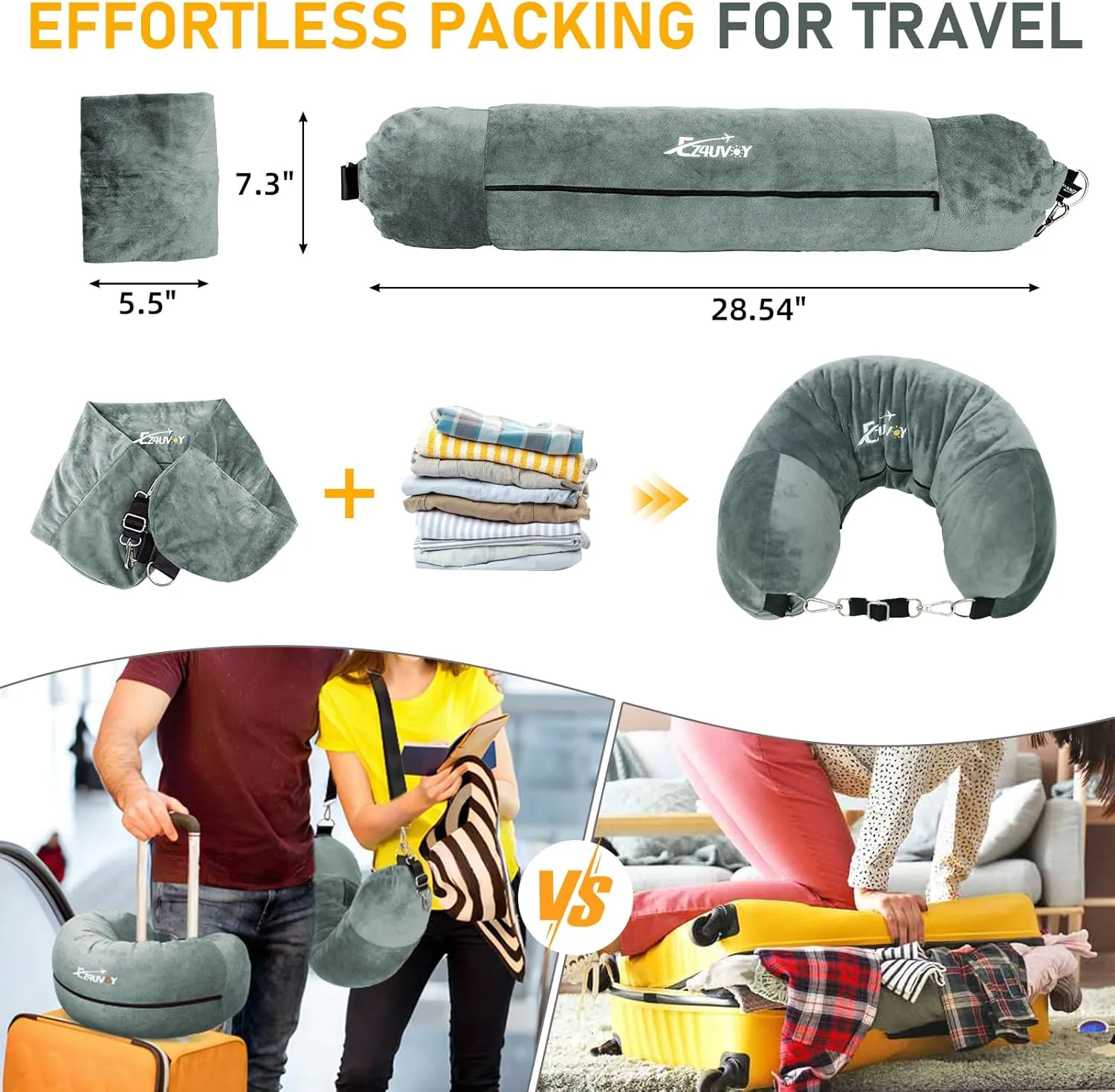 Travel Neck Pillow Stuffable with Clothes, Stuffable Neck Pillow for Travel, Packable Fillable Storage Bag for Airplane Travel, Soft Velvet Neck Pillow Case Cover