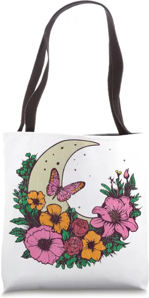 Trendy Butterfly Celestial Moon Flower Floral AI Art Print Tote Bag