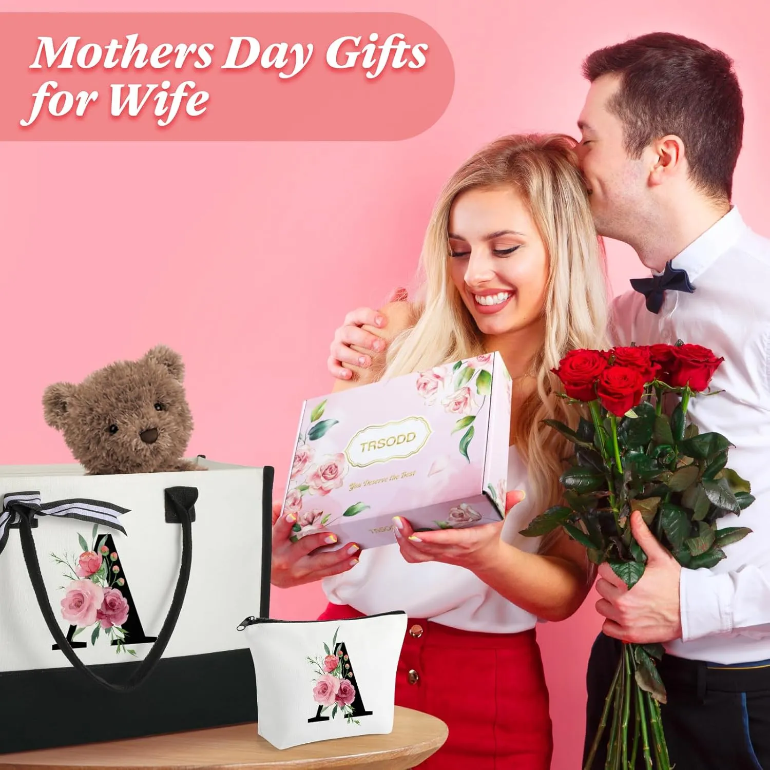 TRSODD Birthday Gifts for Women Mothers Day Gifts for Mom Wife Grandma Daughter Sister Friends Graduation Initial Tote Bag with Adjustable Shoulder Strap and Makeup Bag D