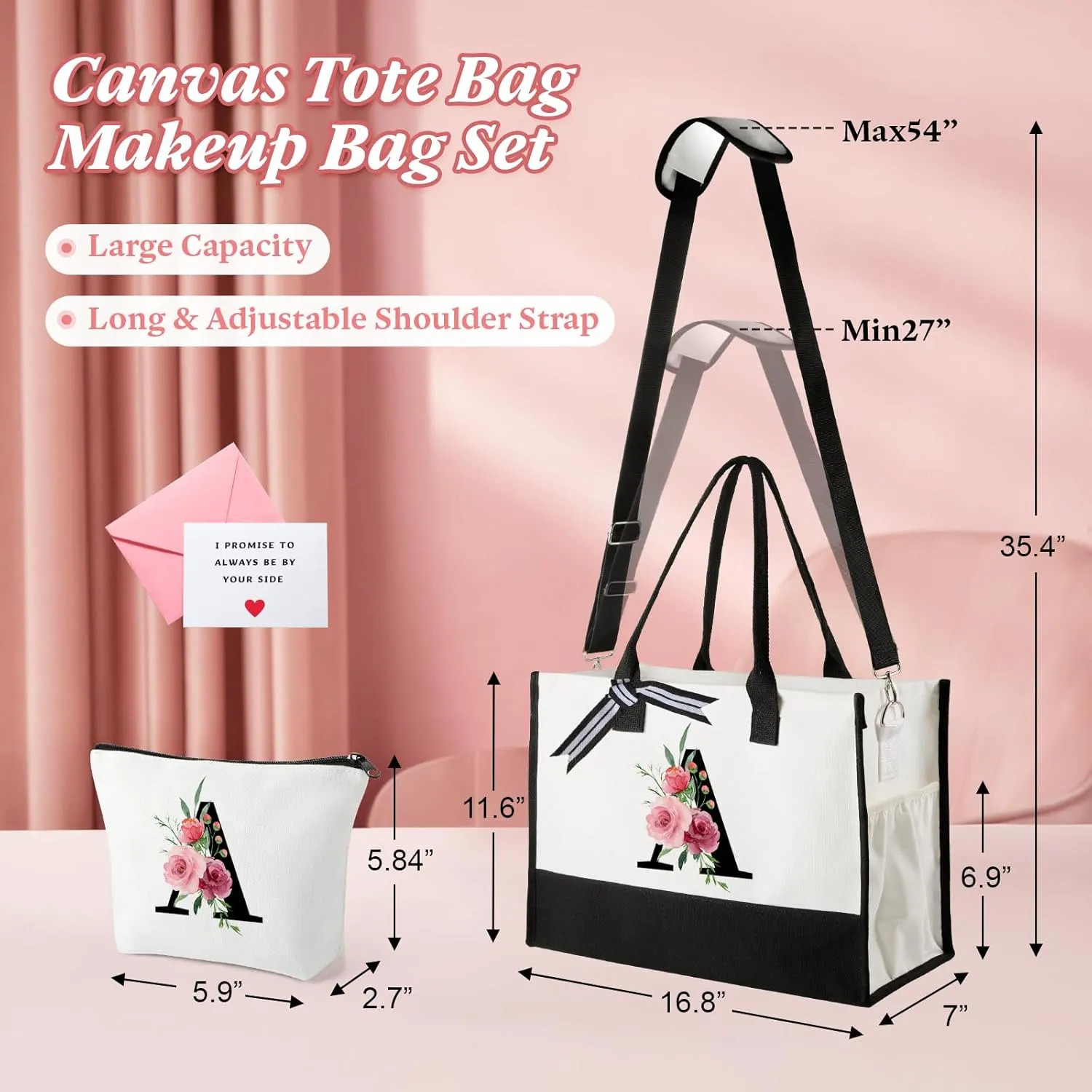 TRSODD Birthday Gifts for Women Mothers Day Gifts for Mom Wife Grandma Daughter Sister Friends Graduation Initial Tote Bag with Adjustable Shoulder Strap and Makeup Bag D