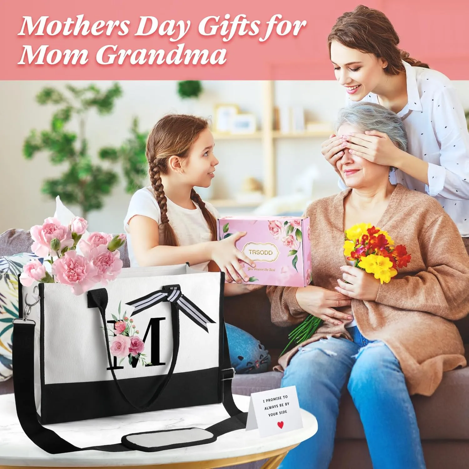 TRSODD Birthday Gifts for Women Mothers Day Gifts for Mom Wife Grandma Daughter Sister Friends Graduation Initial Tote Bag with Adjustable Shoulder Strap and Makeup Bag D