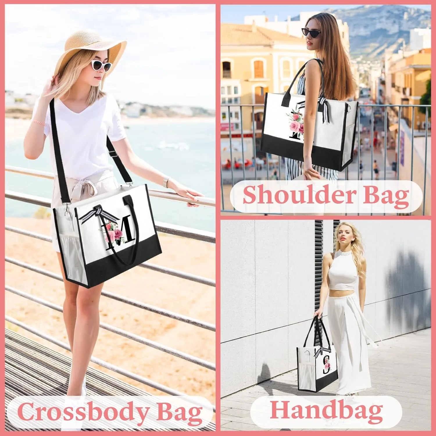 TRSODD Birthday Gifts for Women Mothers Day Gifts for Mom Wife Grandma Daughter Sister Friends Graduation Initial Tote Bag with Adjustable Shoulder Strap and Makeup Bag D