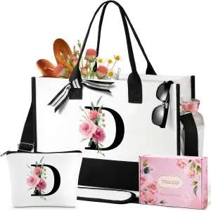 TRSODD Birthday Gifts for Women Mothers Day Gifts for Mom Wife Grandma Daughter Sister Friends Graduation Initial Tote Bag with Adjustable Shoulder Strap and Makeup Bag D