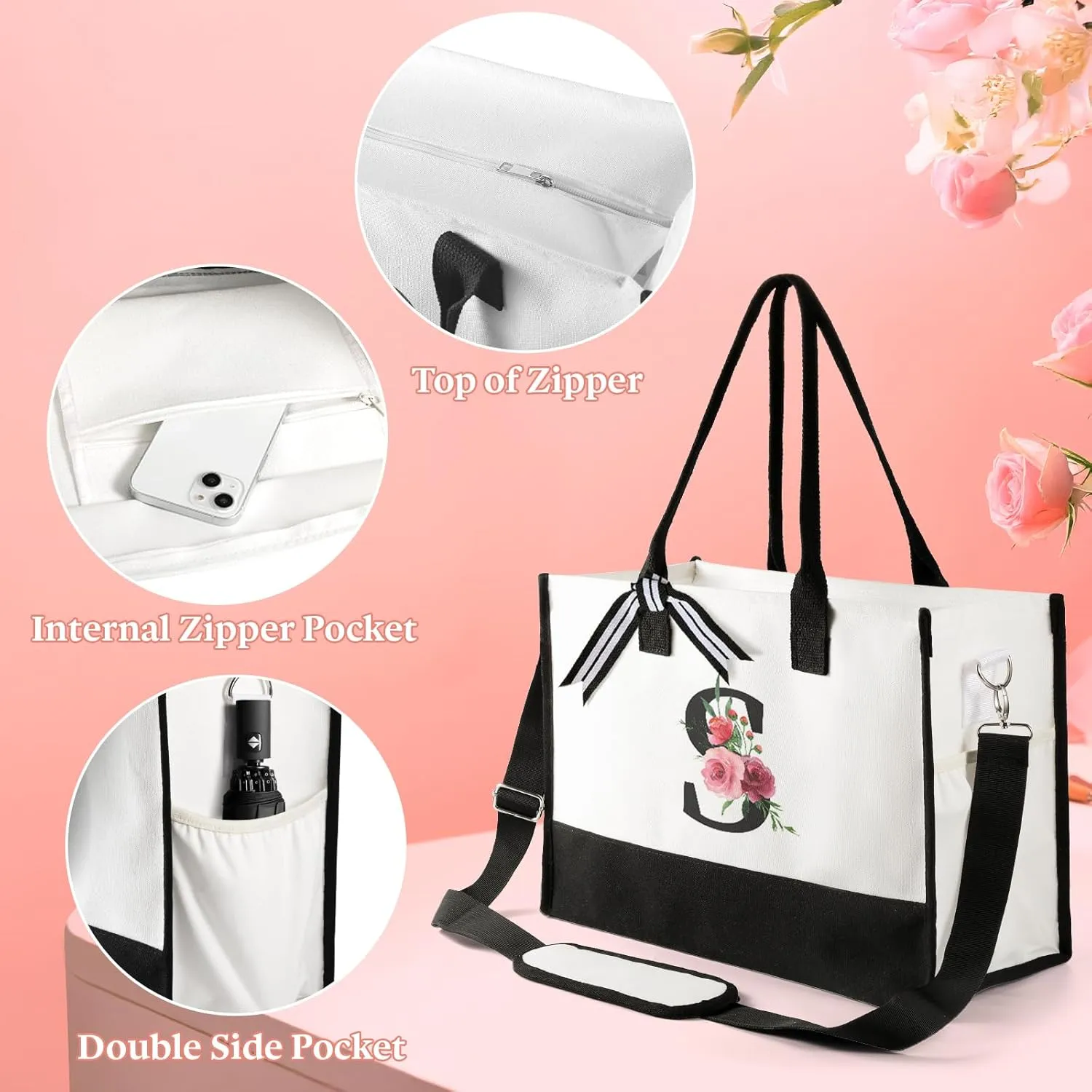 TRSODD Birthday Gifts for Women Mothers Day Gifts for Mom Wife Grandma Daughter Sister Friends Graduation Initial Tote Bag with Adjustable Shoulder Strap and Makeup Bag D