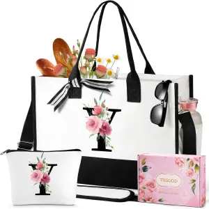 TRSODD Birthday Gifts for Women Mothers Day Gifts for Mom Wife Grandma Daughter Sister Friends Initial Tote Bag and Makeup Bag Y