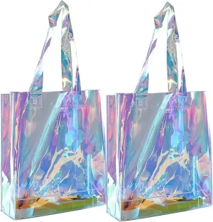 umbresen Clear Tote Bag, 2-Pack Holographic Rainbow Iridescent Handbag for Sports Fan Games, Work, Security Travel, Stadium Venues or Concert