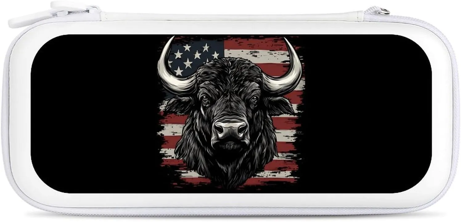 U.S.A Flag Buffalo Bison Bull Cow Compatible with Switch Carrying Case Hard Travel Game Bag Pouch with 15 Games Accessories