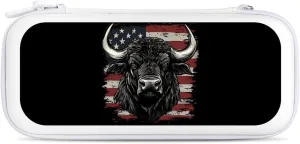 U.S.A Flag Buffalo Bison Bull Cow Compatible with Switch Carrying Case Hard Travel Game Bag Pouch with 15 Games Accessories
