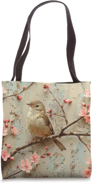 Van Gogh Style Paint Cherry Blossom House Wren Bird Tote Bag