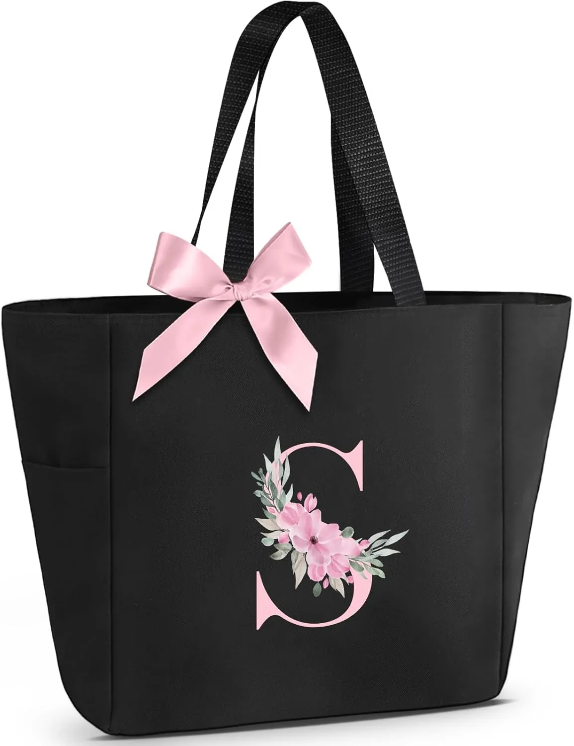 Vavabox Tote Bag, A-Z Initial Monogrammed Waterproof Tote Bag, Bridesmaid Gifts for Women, Black and Pink