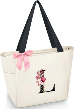 Vavabox Tote Bag, A-Z Initial Monogrammed Waterproof Tote Bag, Bridesmaid Gifts for Women, Black and Pink