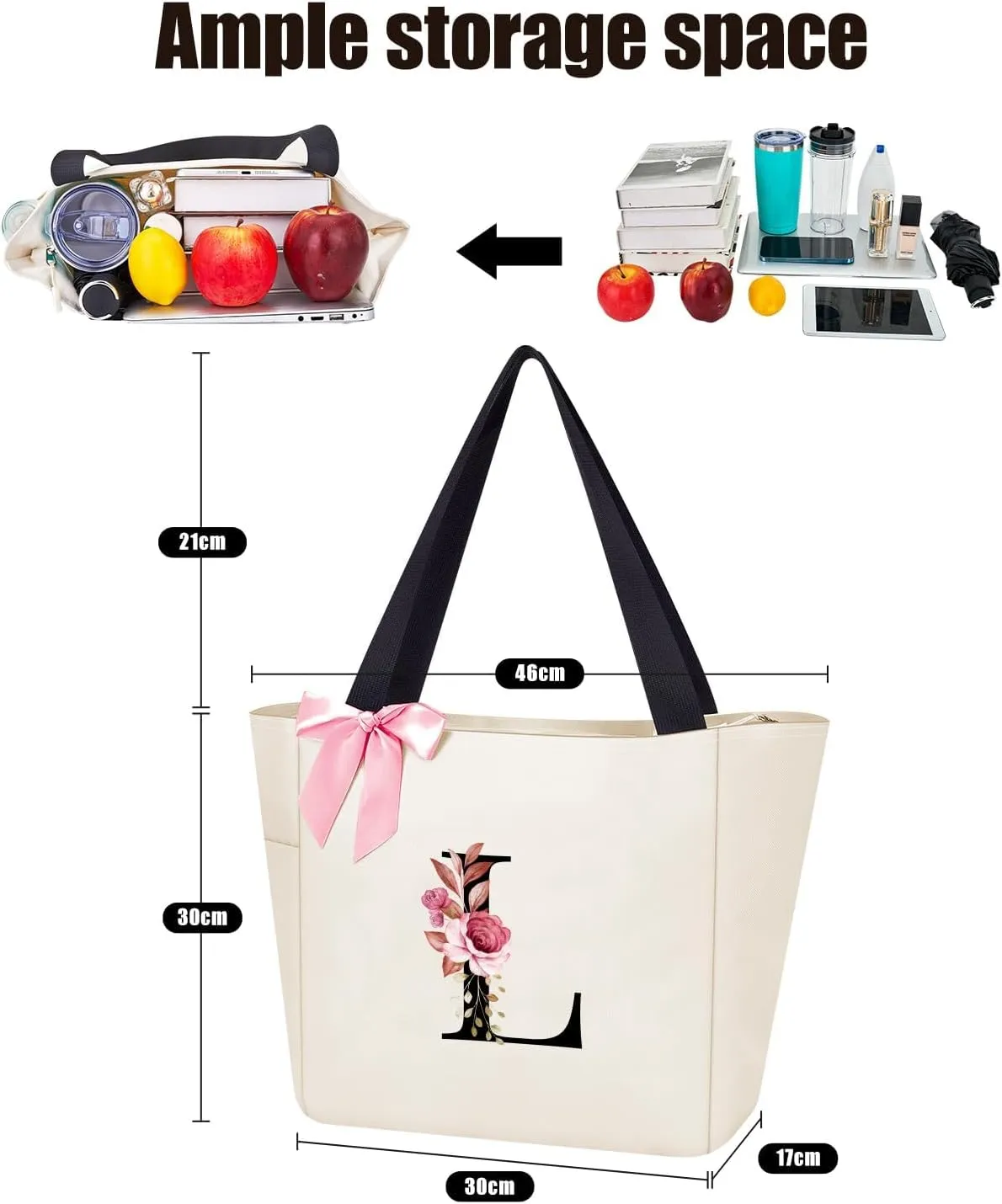 Vavabox Tote Bag, A-Z Initial Monogrammed Waterproof Tote Bag, Bridesmaid Gifts for Women, Black and Pink