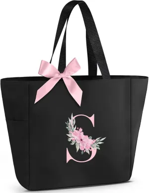 Vavabox Tote Bag, A-Z Initial Monogrammed Waterproof Tote Bag, Bridesmaid Gifts for Women, Black and Pink