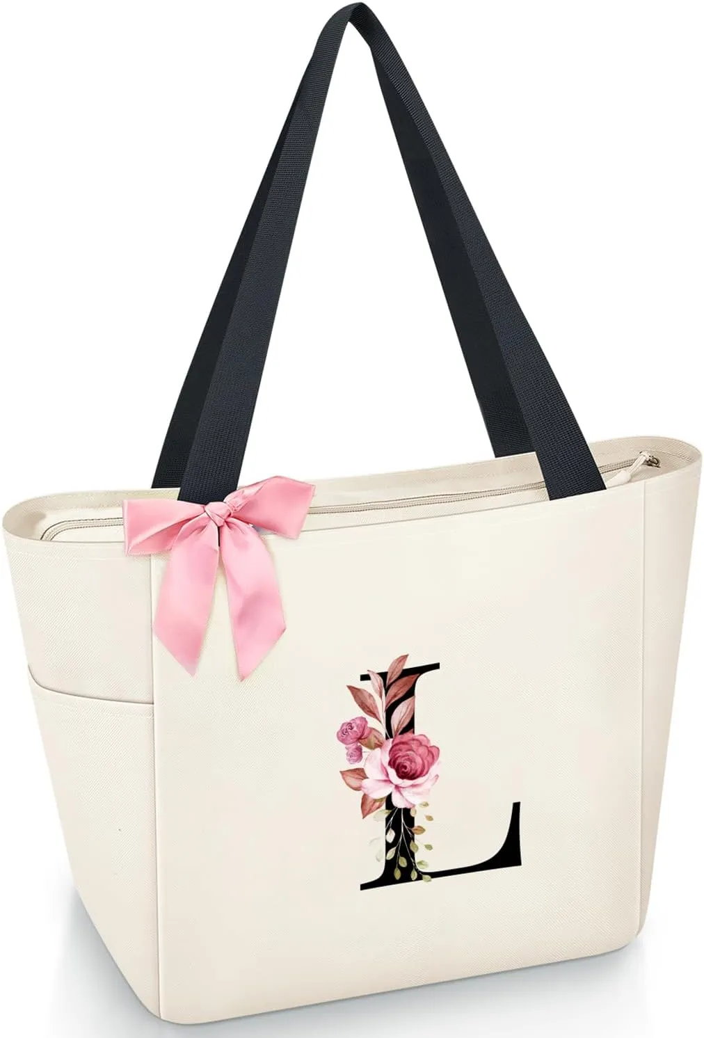 Vavabox Tote Bag, A-Z Initial Monogrammed Waterproof Tote Bag, Bridesmaid Gifts for Women, Black and Pink