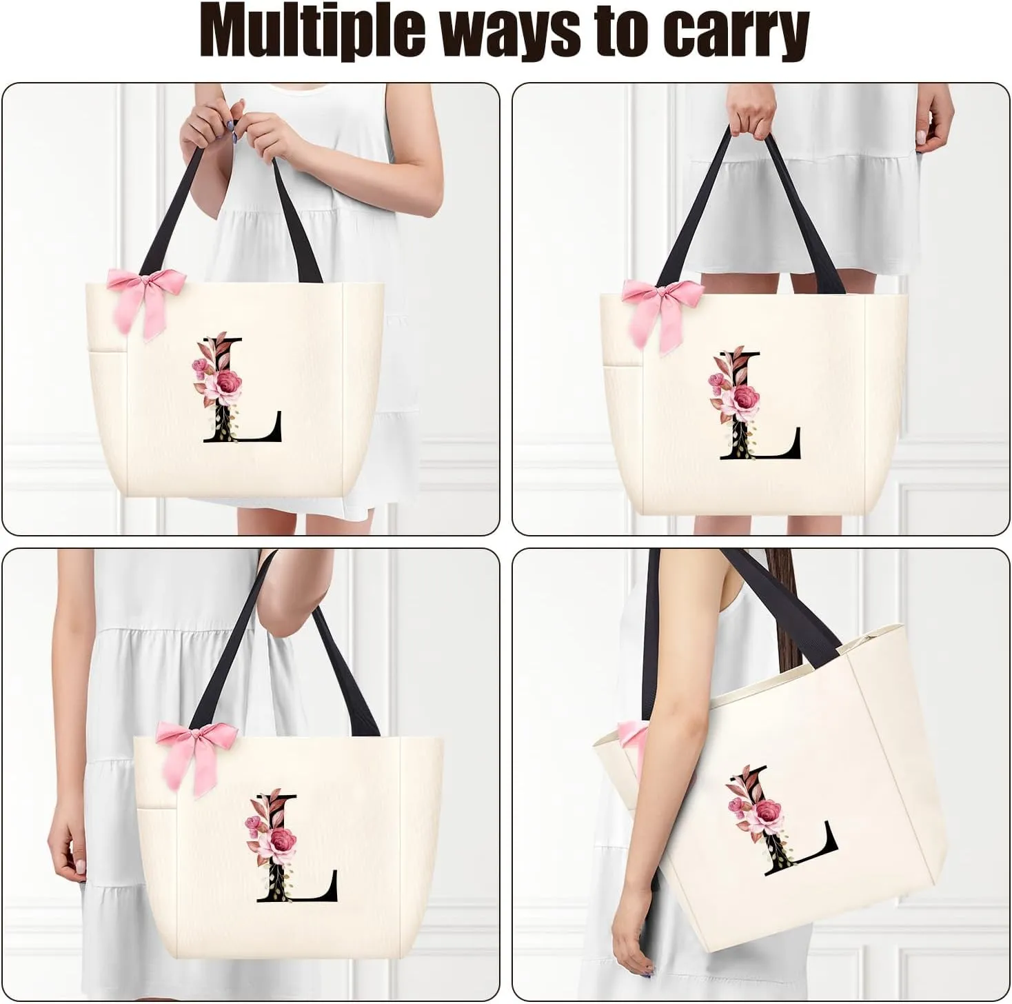 Vavabox Tote Bag, A-Z Initial Monogrammed Waterproof Tote Bag, Bridesmaid Gifts for Women, Black and Pink