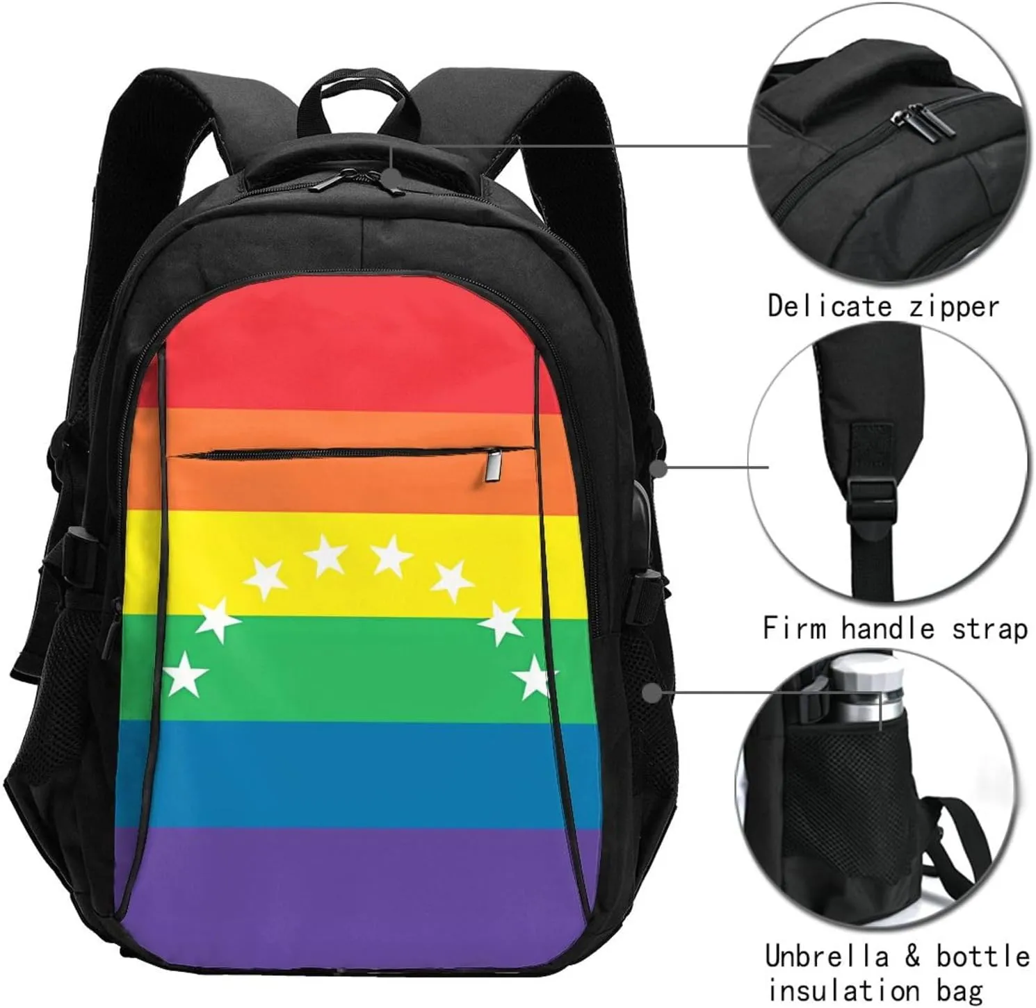 Venezuelan Venezuela LGBT Pride Rainbow Flag Business Laptop Backpack Travel Backpacks Outdoor Rucksack Large Bag Daypack with USB Charging Port Multi-Pocket for Hiking Camping
