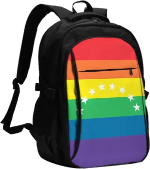 Venezuelan Venezuela LGBT Pride Rainbow Flag Business Laptop Backpack Travel Backpacks Outdoor Rucksack Large Bag Daypack with USB Charging Port Multi-Pocket for Hiking Camping