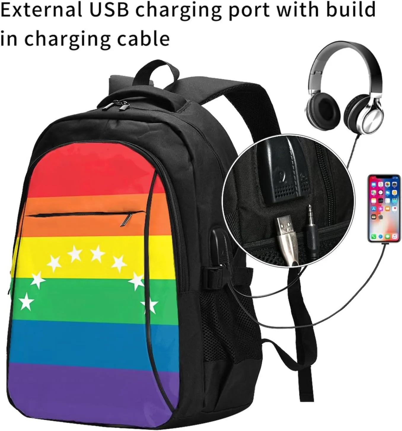 Venezuelan Venezuela LGBT Pride Rainbow Flag Business Laptop Backpack Travel Backpacks Outdoor Rucksack Large Bag Daypack with USB Charging Port Multi-Pocket for Hiking Camping
