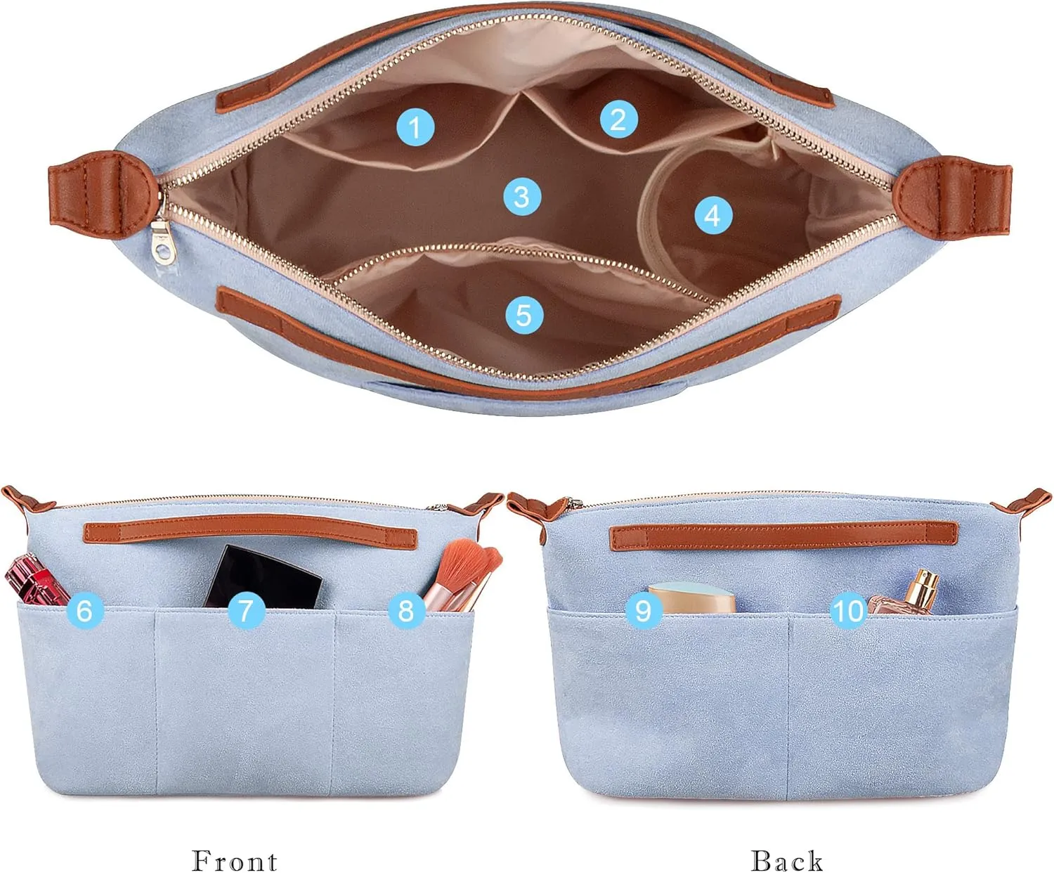 Vercord Womens Handbag Organizers for Tote bag Purse Insert Inside Liner bag with Zipper Light blue Medium