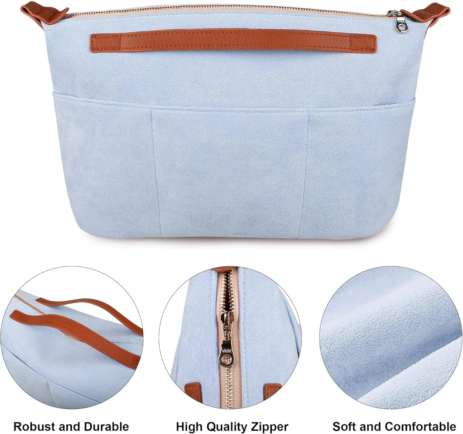 Vercord Womens Handbag Organizers for Tote bag Purse Insert Inside Liner bag with Zipper Light blue Medium