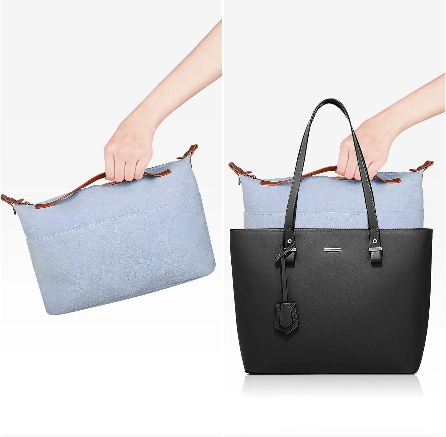 Vercord Womens Handbag Organizers for Tote bag Purse Insert Inside Liner bag with Zipper Light blue Medium
