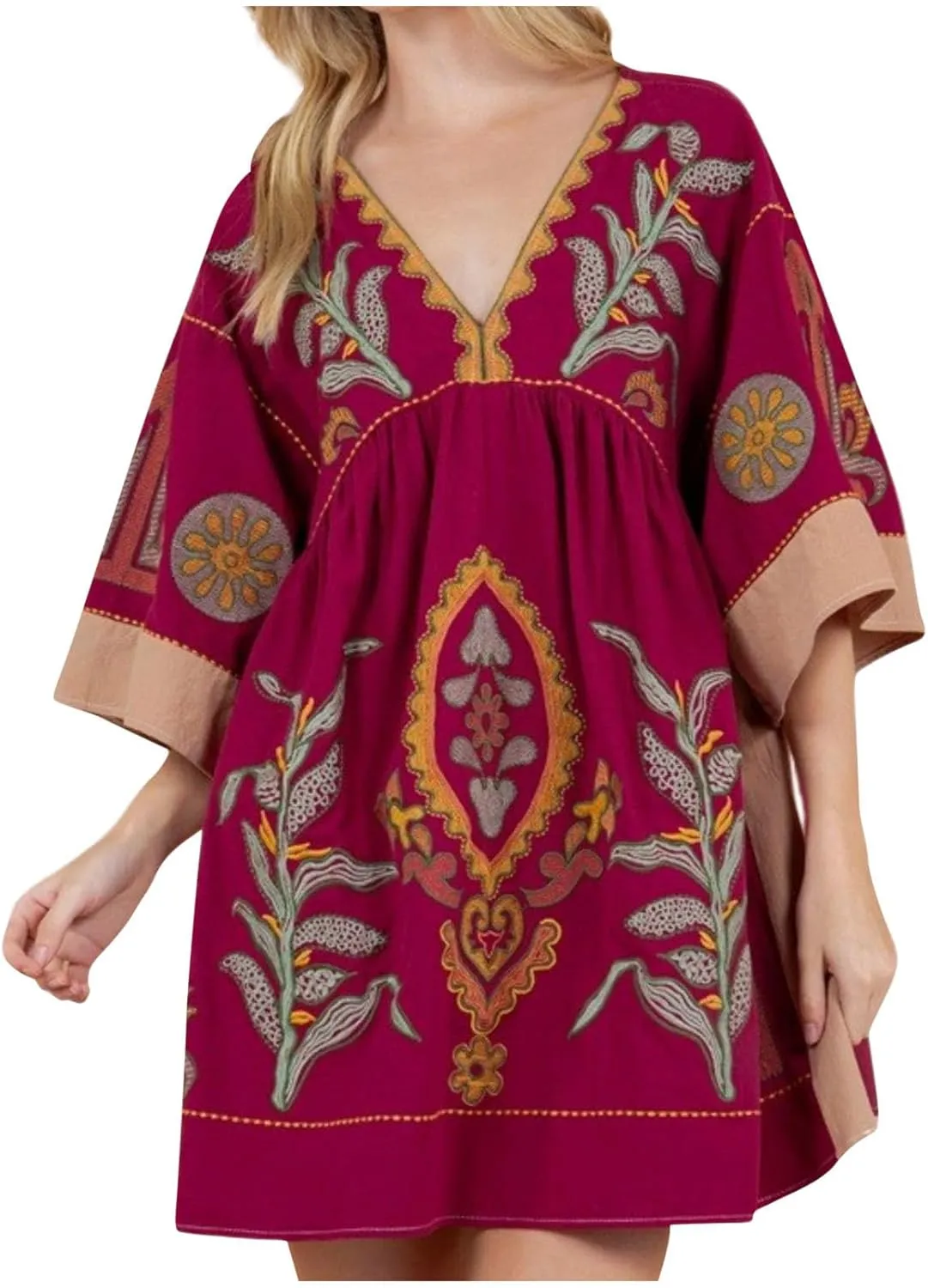 Vestidos Casuales para Mujer Womens Boho Mini Dress 2024 Fall 3/4 Sleeve V Neck Vintage Print Babydoll Dresses