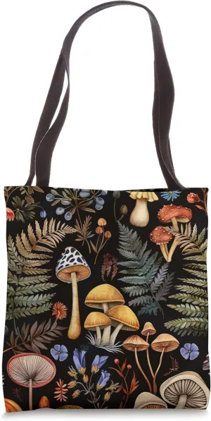 Vintage Botanical Mushroom Fern Flower Cottagecore Aesthetic Tote Bag