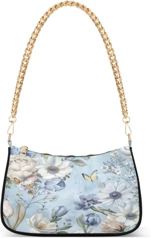 Vintage Colorful Flowers Women's Tote Chain Shoulder Bag, Classic Wedding Party Wallet, Handbag