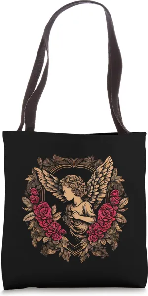 Vintage Woodcut Cupid Floral Tote Bag