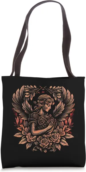 Vintage Woodcut Cupid Floral Tote Bag