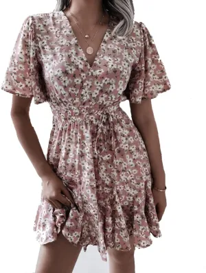 VOIKERDR Women's Summer Boho Floral Printed Wrap V Neck Ruffle High Waist Chiffon Casual Beach Short Sleeve A-Line Dress