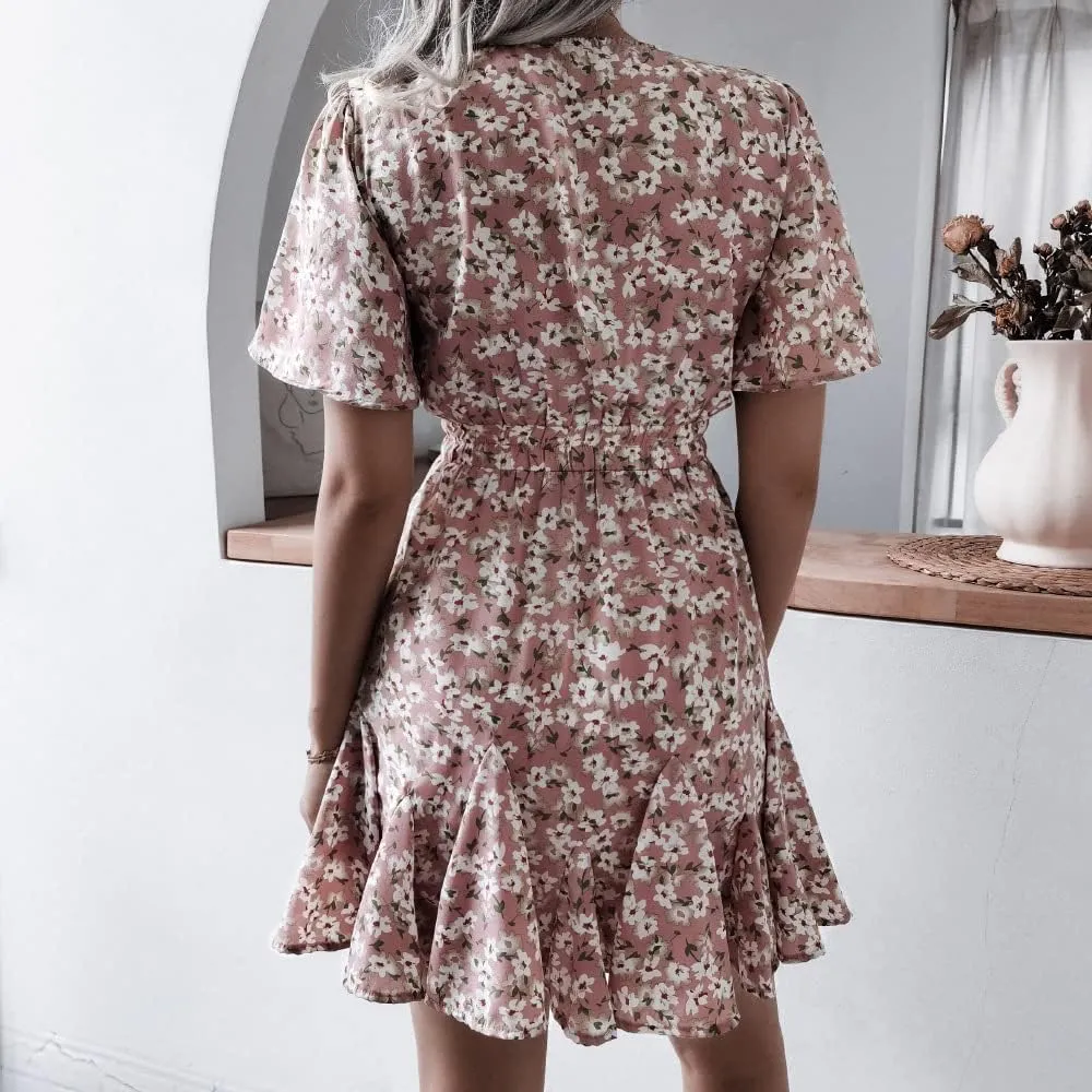 VOIKERDR Women's Summer Boho Floral Printed Wrap V Neck Ruffle High Waist Chiffon Casual Beach Short Sleeve A-Line Dress