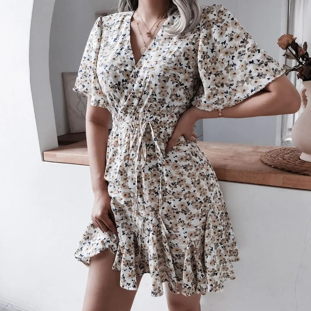 VOIKERDR Women's Summer Boho Floral Printed Wrap V Neck Ruffle High Waist Chiffon Casual Beach Short Sleeve A-Line Dress