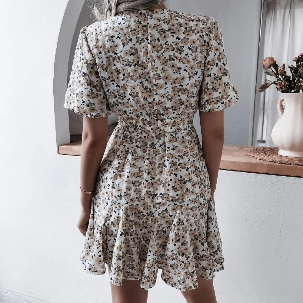 VOIKERDR Women's Summer Boho Floral Printed Wrap V Neck Ruffle High Waist Chiffon Casual Beach Short Sleeve A-Line Dress