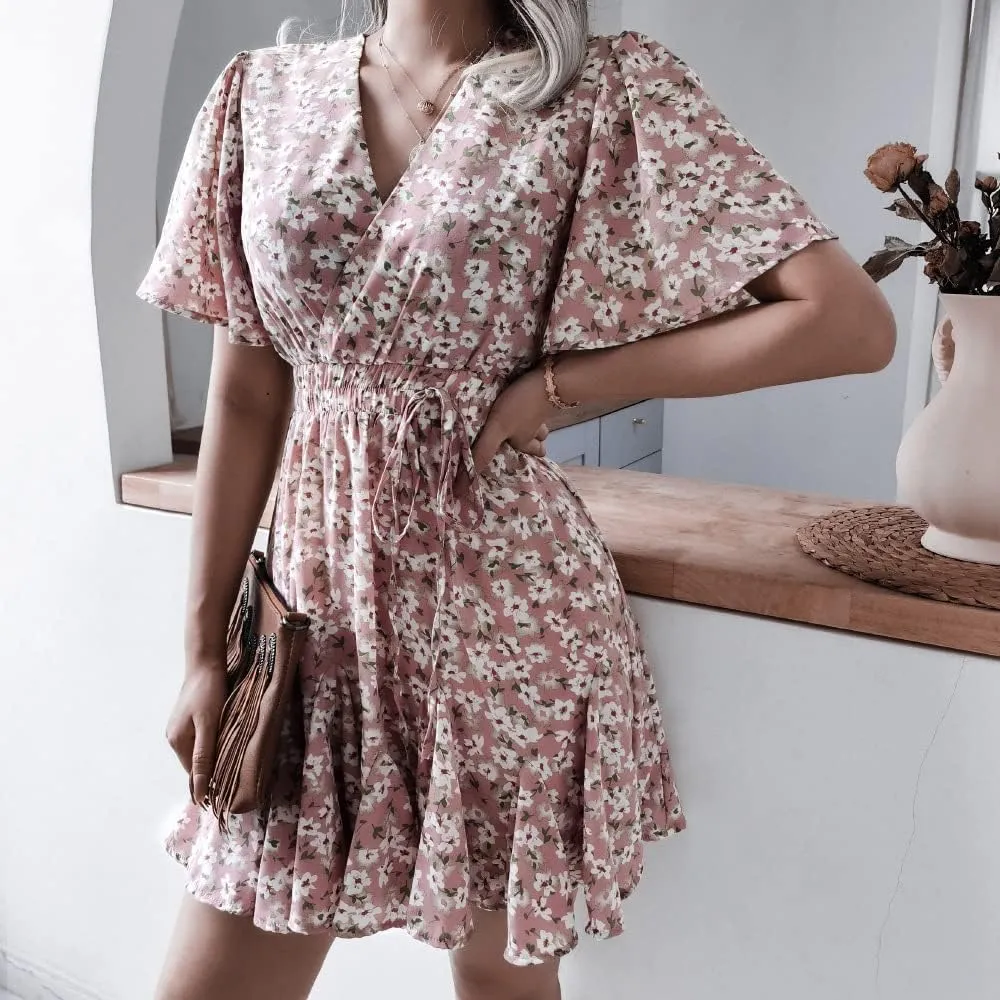 VOIKERDR Women's Summer Boho Floral Printed Wrap V Neck Ruffle High Waist Chiffon Casual Beach Short Sleeve A-Line Dress