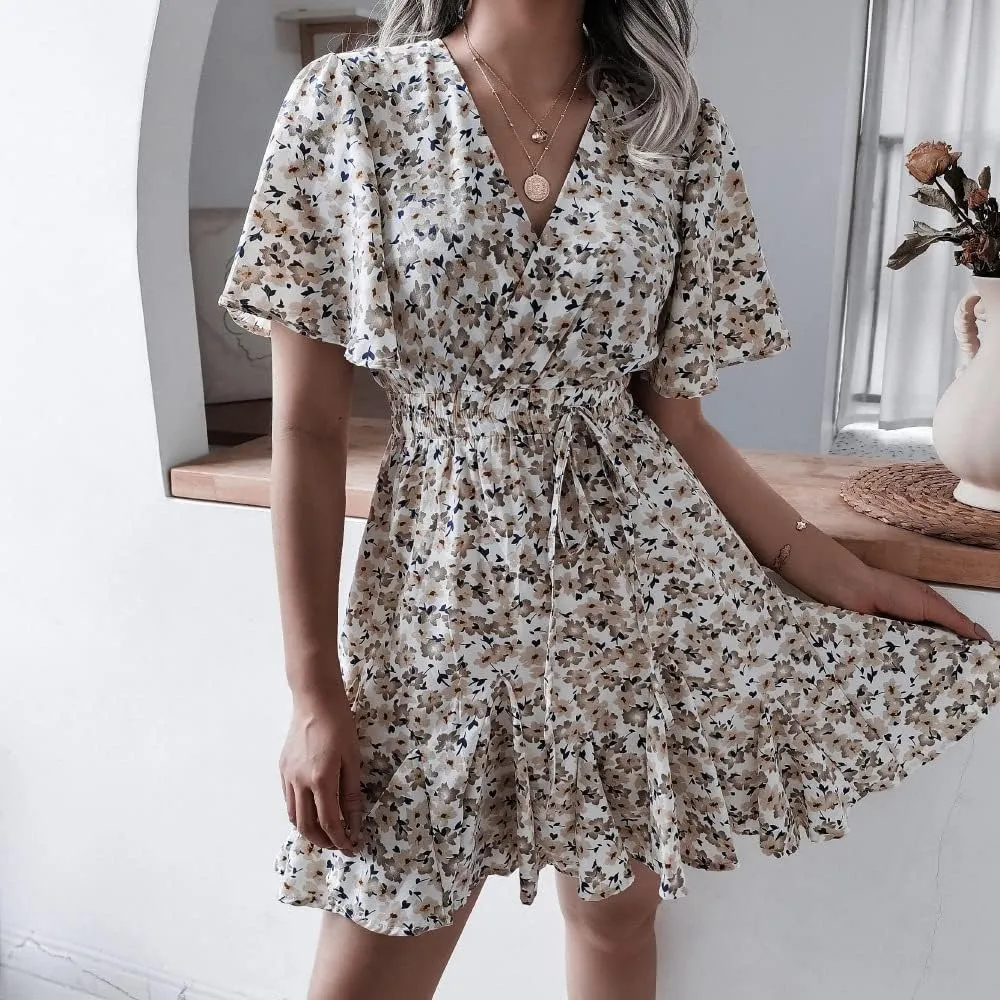 VOIKERDR Women's Summer Boho Floral Printed Wrap V Neck Ruffle High Waist Chiffon Casual Beach Short Sleeve A-Line Dress