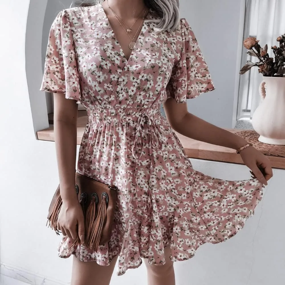 VOIKERDR Women's Summer Boho Floral Printed Wrap V Neck Ruffle High Waist Chiffon Casual Beach Short Sleeve A-Line Dress