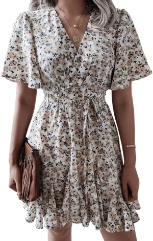 VOIKERDR Women's Summer Boho Floral Printed Wrap V Neck Ruffle High Waist Chiffon Casual Beach Short Sleeve A-Line Dress