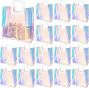 Voittozege 20Pcs Clear Holographic Gift Bags, 8.5 x 8 x 4 Inch Iridescent Bachelorette Party Favor Bags Holographic Small Gift Bag with Handle for Christmas, Birthday Party, Weeding Gift Bags Party Supplies