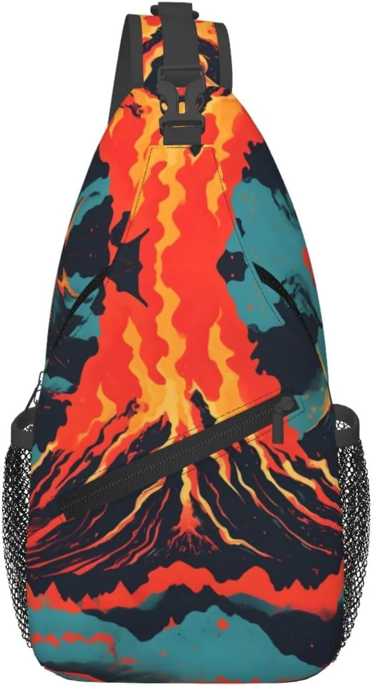 Volcano Print Sling Bag Crossbody Travel Hiking Chest Backpack Shoulder Daypack For Women Men