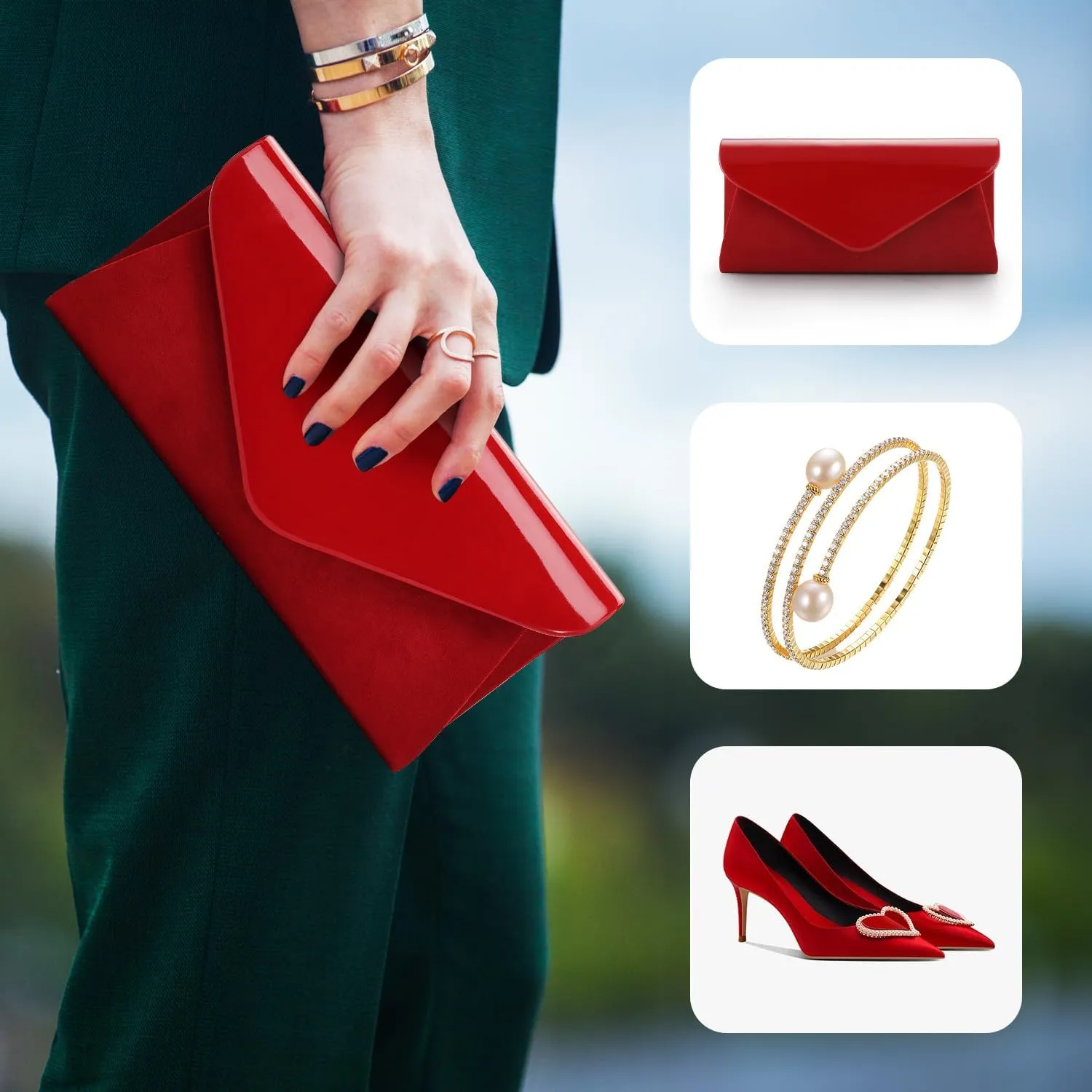 WALLYN'S Patent Leather Clutch Classic Purse Evening Bag Handbag With Flannelette
